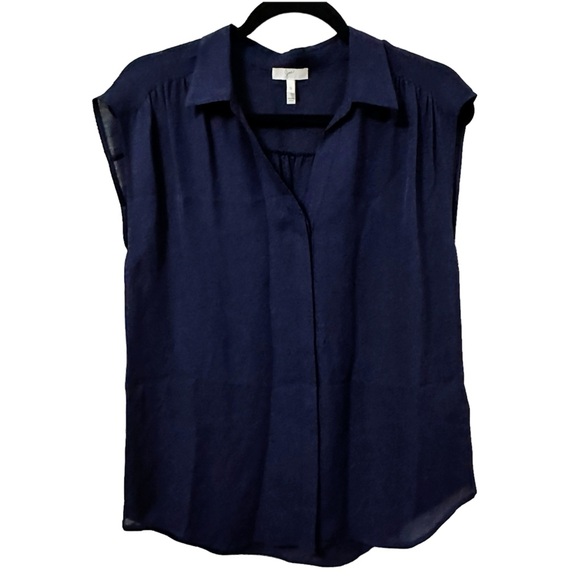 Joie Silk Sleeveless Blouse Pleated Shoulder Hidden Buttons Sz Small Navy - Picture 1 of 8